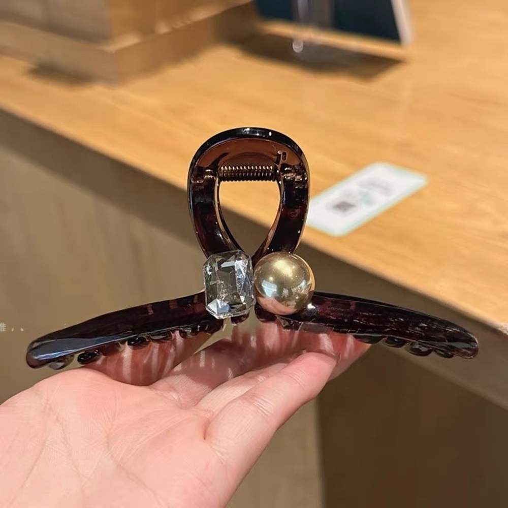 Hair Clip #10– Clear Brown Claw Clip w/ Pearl & Crystal 5" (New)